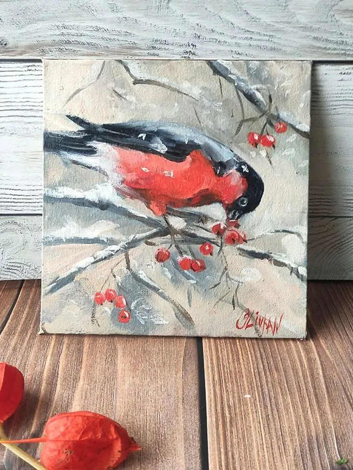 Bullfinch Art Bird Original Oil Artwork Bird Painting OlivKan