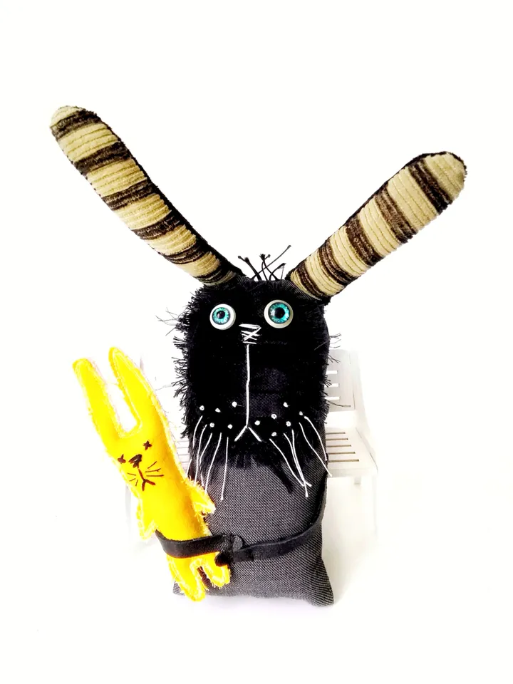 Handmade Funny and Unique Fabric Art Doll Bunnies: One-of-a-Kind Fun Delightful Interior Decor Toys with a Spooky Twist. FREE SHIPPING!