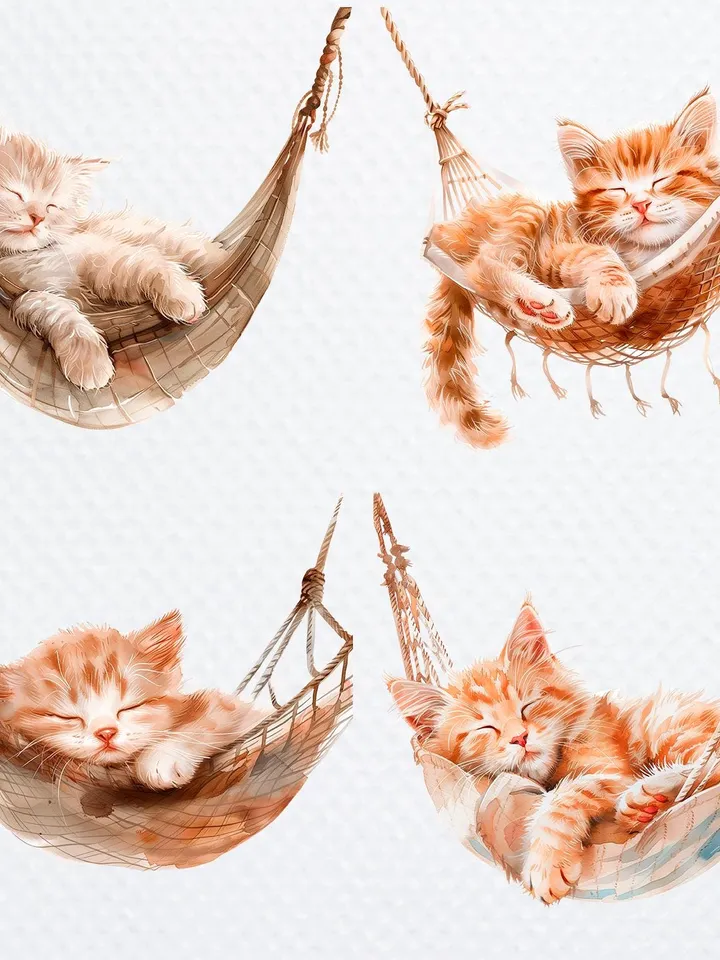 12 Sleeping Cat PNG Bundle, Cat in Hammock Printable Watercolor clipart for sublimation, High Quality PNGs, Paper craft, junk journals
