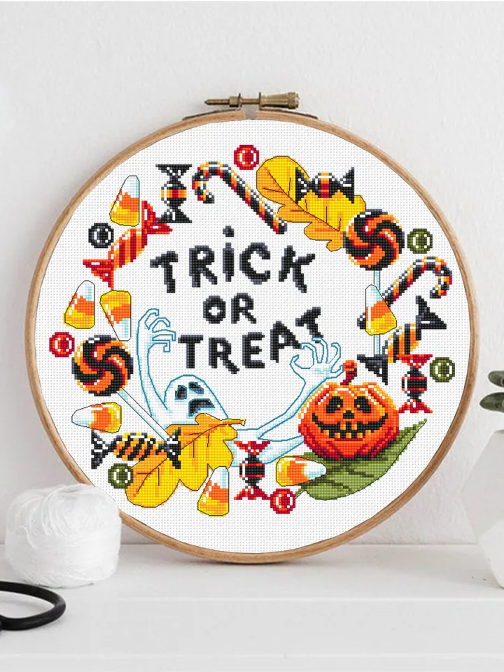 Trick or treat cross stitch pattern download PDF Halloween wreath cross stitch chart, Halloween pattern digital PDF, Candy cross stitch #H49