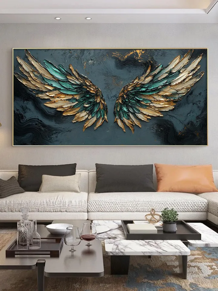 Large Emerald Green & Gold Angel Wings Impasto Painting, Textured 3D Wall Art, Original Abstract Art, Unique Home Decor, Office Wall Decor