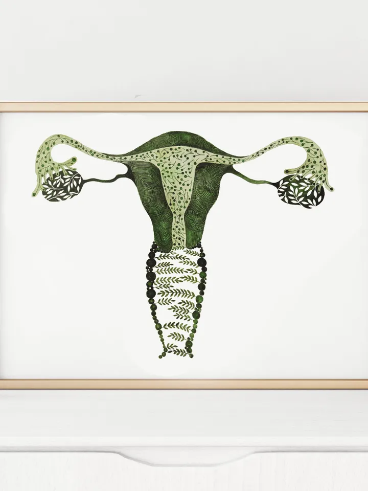Watercolor poster "CORE OF NATURE", green uterus illustration