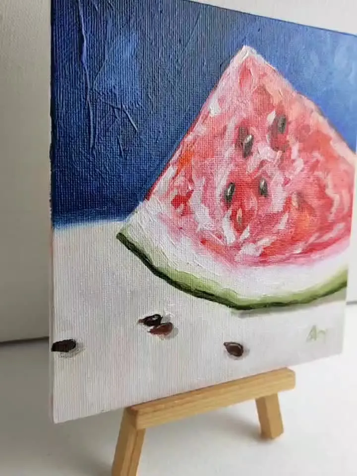 Watermelon painting original oil art still life 15 by 15 cm fruit artwork