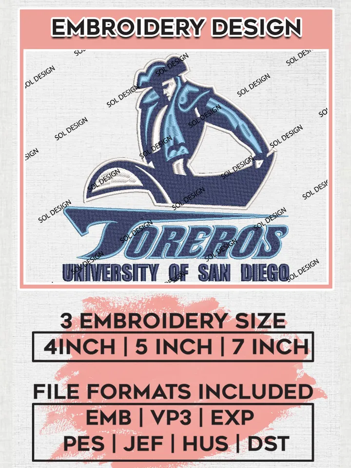 San Diego Toreros Uni.versityNCAA Team Logo Embroidery Design Files, NCAA San Diego Toreros Machine Embroidery, NCAA Teams, Game Day, 3 sizes, NCAA Machine embroidery designs, Digital Download