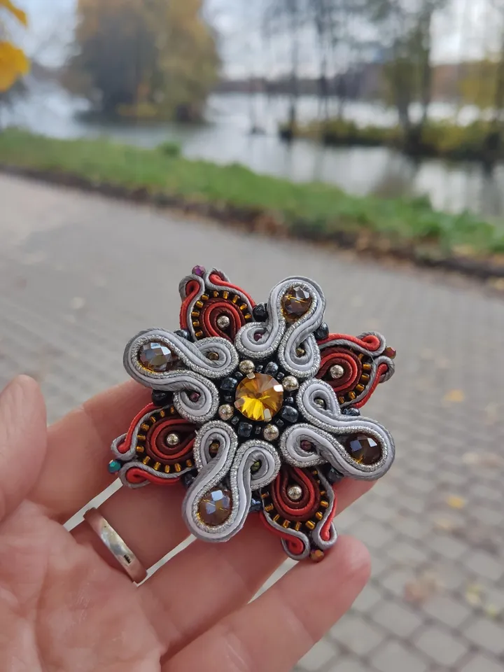 Beaded brooch, orange brooch, gold brooch flower, Embroidered soutache brooch, royal cross brooch