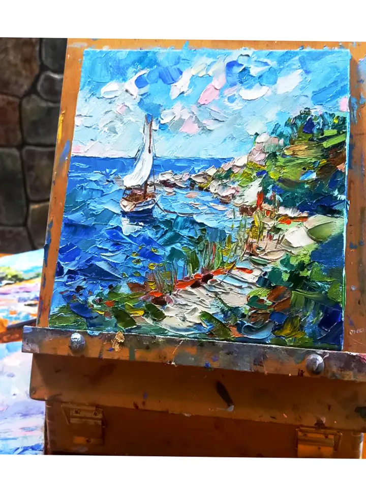 Serene Sailboats at Sunset Miniature by IrenFantasyArt Oil Painting 8x8 Inches