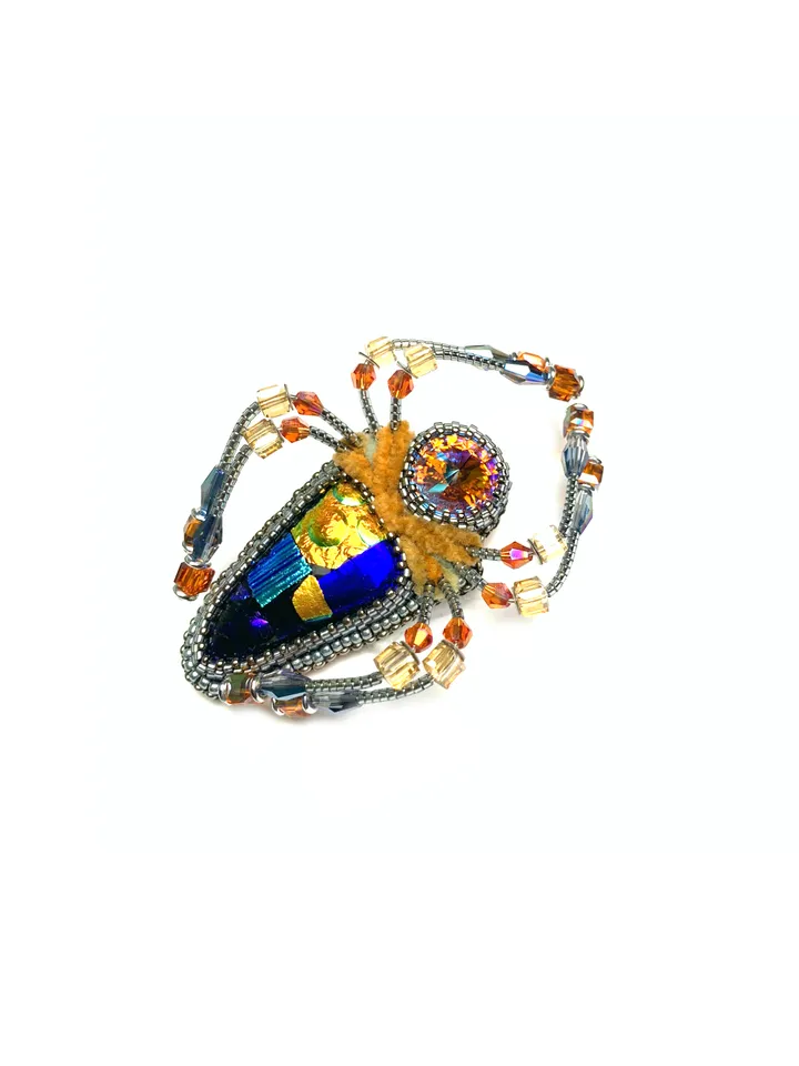 Orange spider brooch, Beaded insect brooch