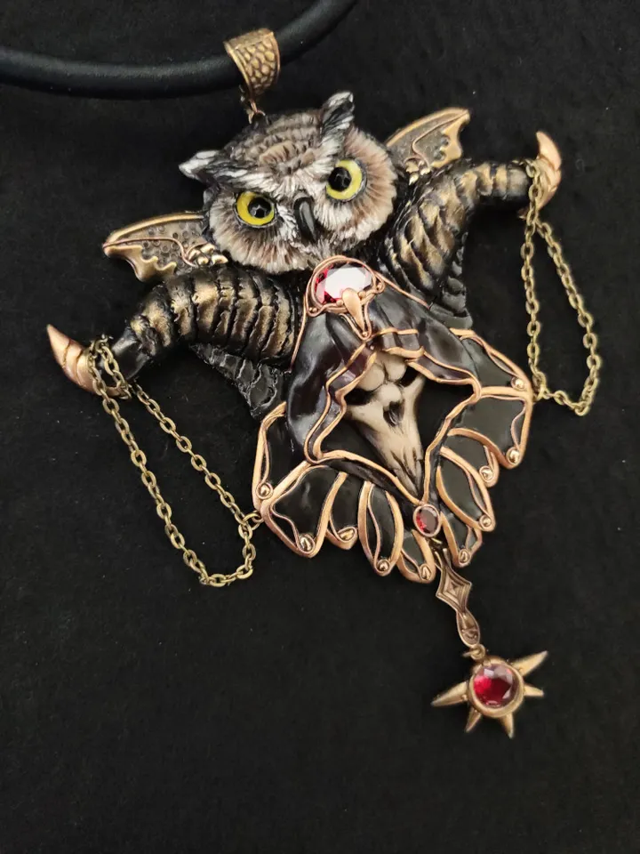 Art Necklace Wise Owl, Gothic necklace Owl,Sculptural necklace