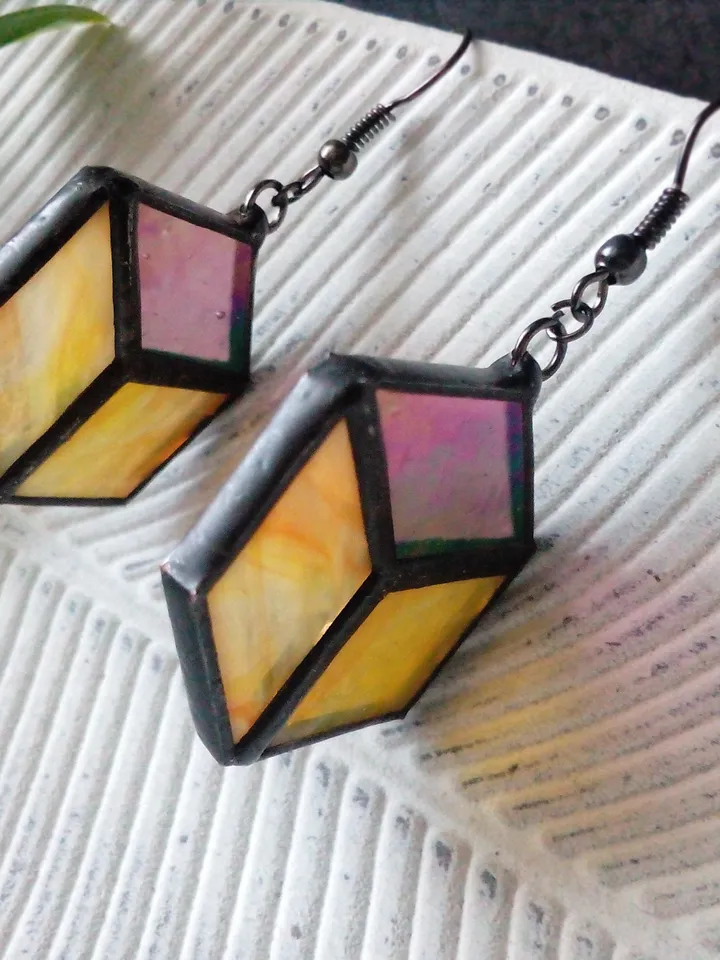 Cube hexagon geometric simple stained glass earrrings, honeycomb Iridescent earrings