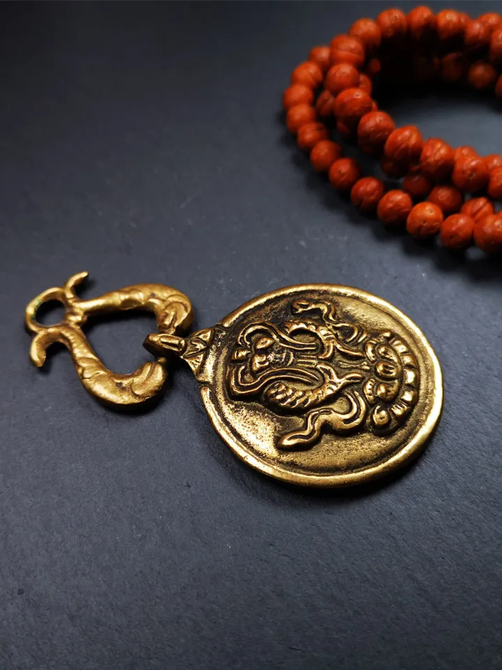 Gandhanra Vintage Tibetan Buddhist Calendar Badge,Melong Mirror, SIPAHO Amulet(srid pa ho),Jiugong Bagua,made of Brass,1.8&quot;