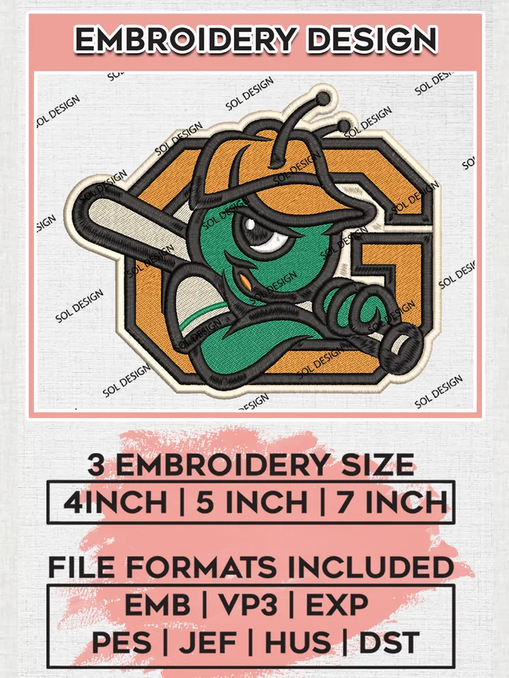 MiLB Greensboro Grasshoppers Embroidery Design Files, MiLB Greensboro Grasshoppers Logo, Minor League Baseball Logo Embroidery Designs, MiLB embroidery designs, Machine embroidery designs, Digital Download