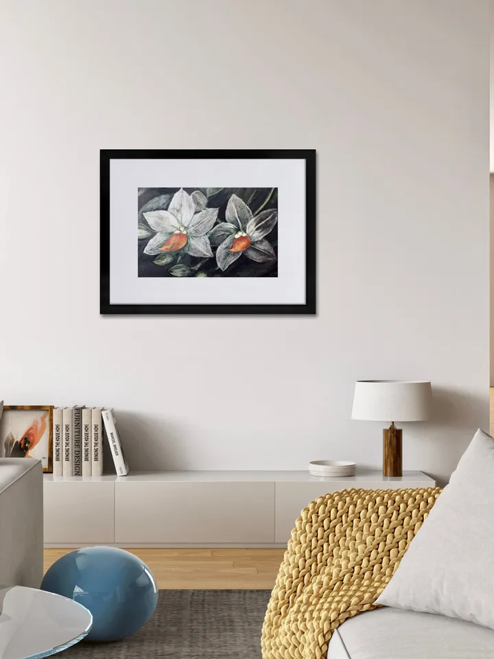White orchids on black background Matte Paper Framed Poster,orchids painting,flowers wall art,home decoration gift.