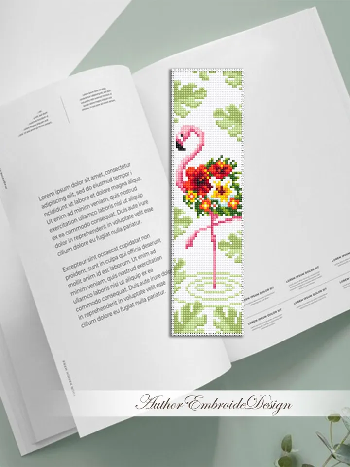 Flamingo bookmark cross stitch pattern PDF download Floral flamingo cross stitch chart, Flower bookmark pattern digital, Monstera leaf #B440