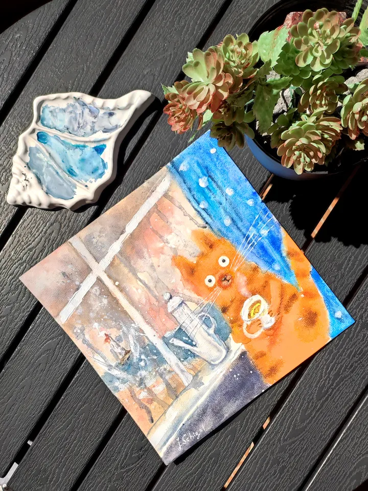 26×26cm Artwork by Julia Schigal "Tea with lemon" - watercolor, gouache