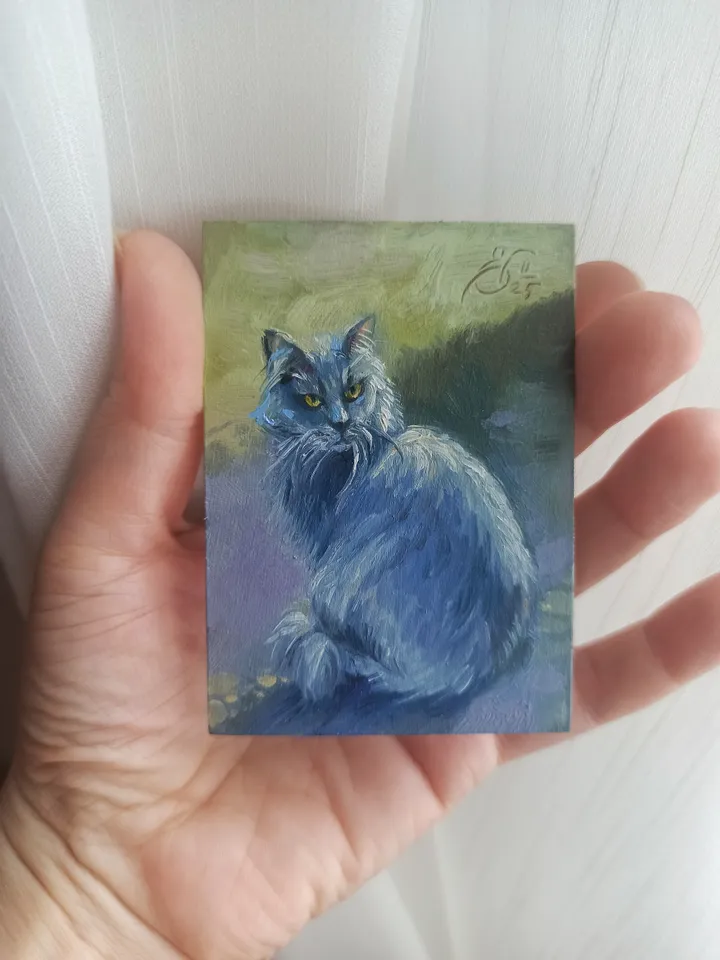 Original ACEO oil painting, Street smoky cat, Miniature collectible painting 2.5x3.5 inches