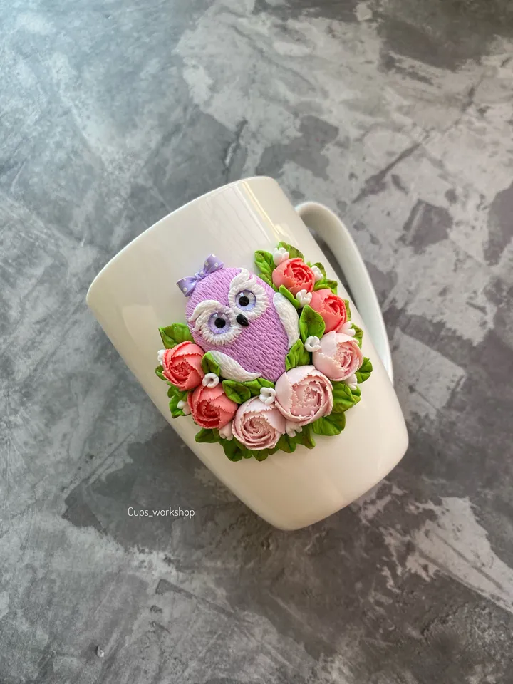 Owl on ceramic mug handmade - best gift kids