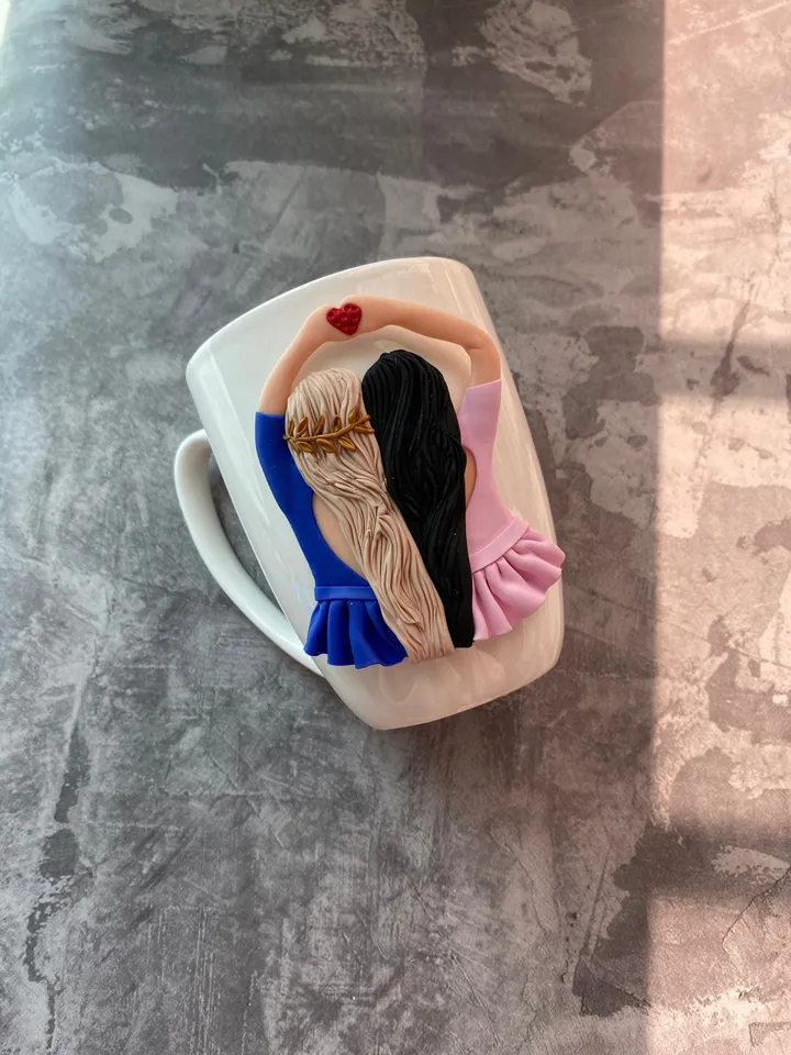 Galentines day give best friend cute mug with polymer clay decor