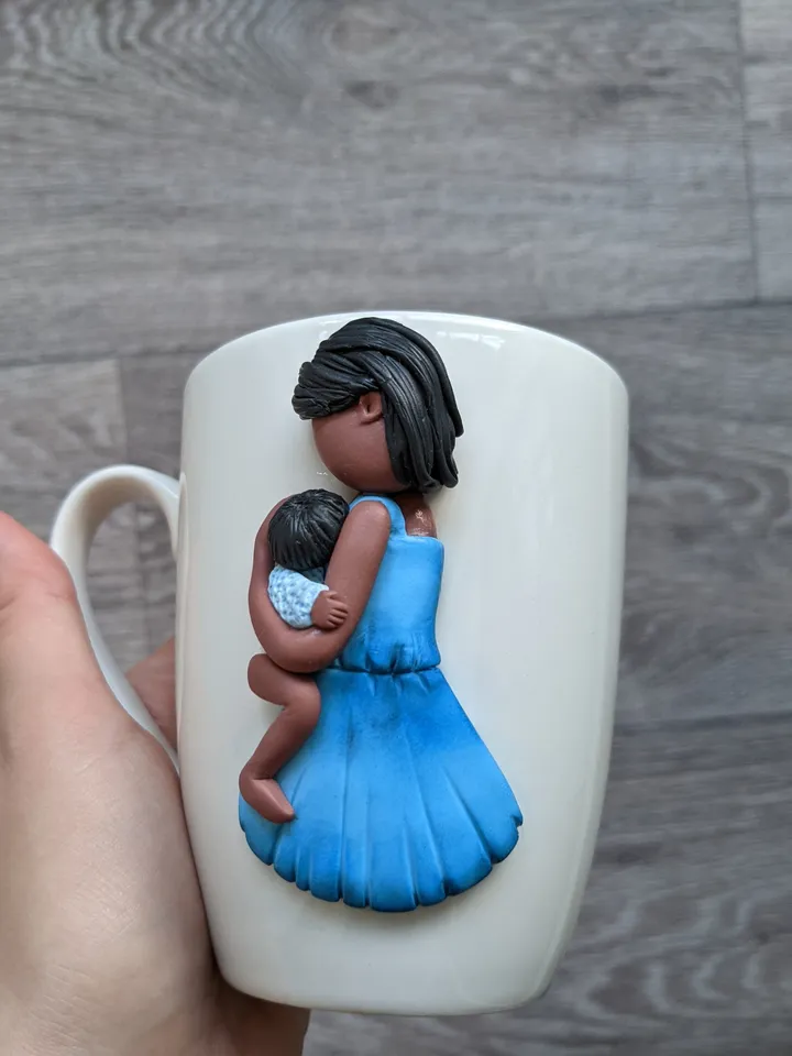 Pregnancy gift cute coffee mug with polymer clay mother daughter