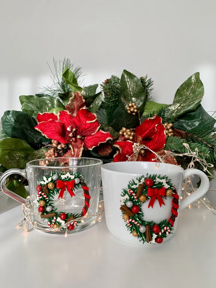 Christmas cups with polymer clay wreath - teacher, coworker or mother in law Christmas gifts