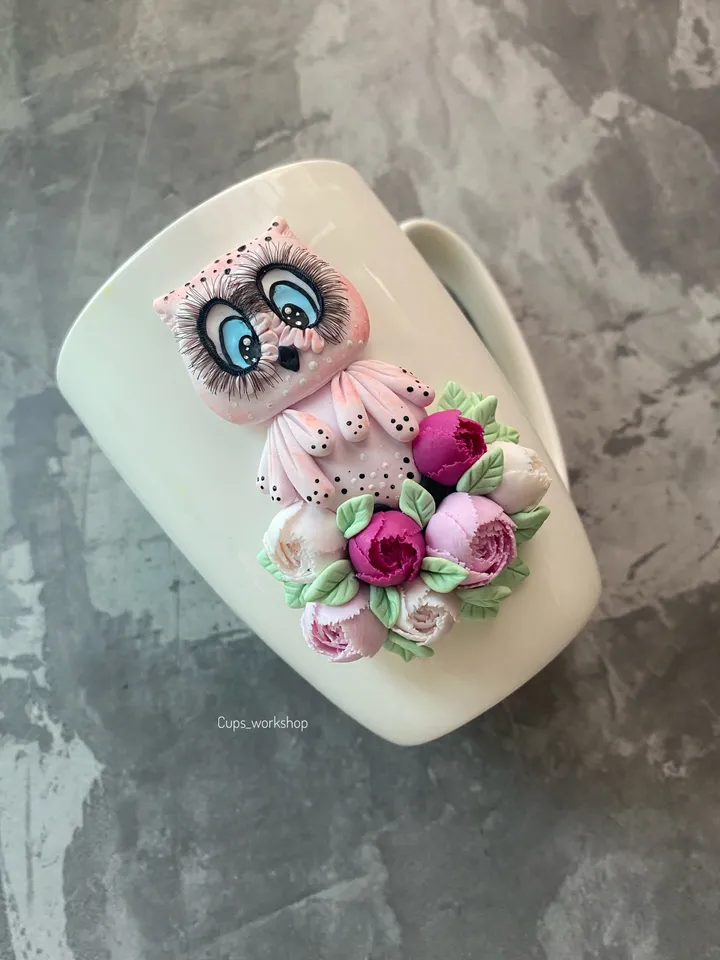 Owl on ceramic mug handmade - best gift kids