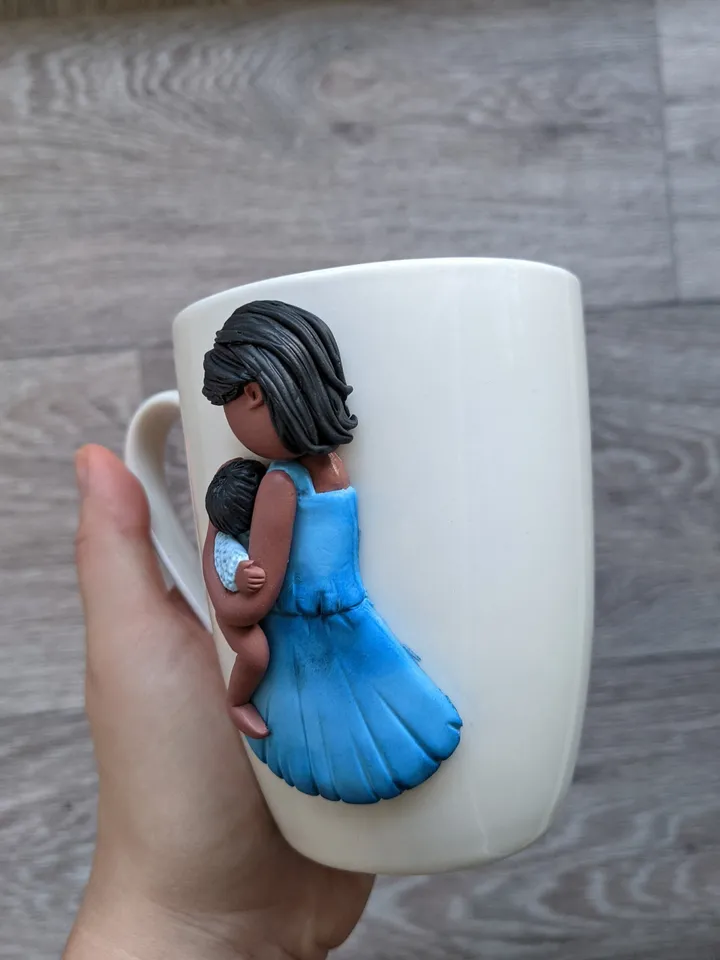 Pregnancy gift cute coffee mug with polymer clay mother daughter
