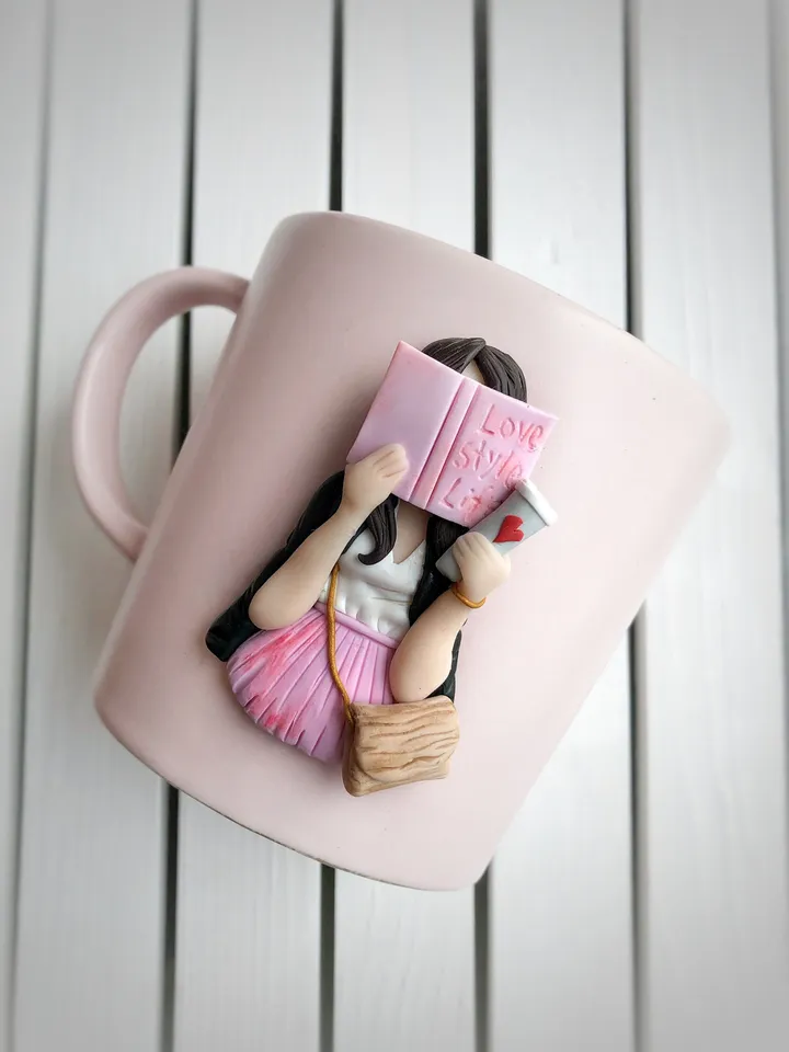 Minimal coffee mug with polymer clay decor