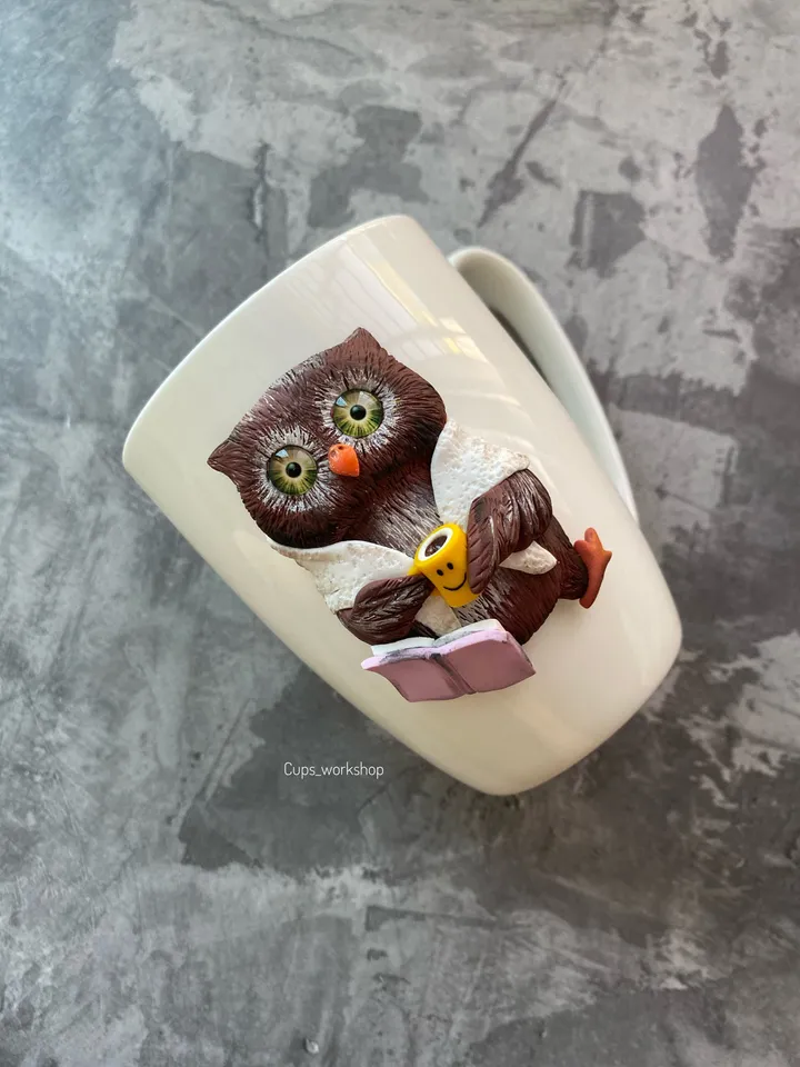 Owl on ceramic mug handmade - best gift kids