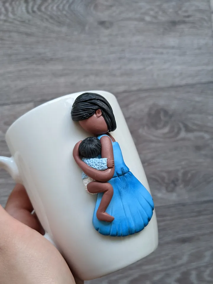 Pregnancy gift cute coffee mug with polymer clay mother daughter