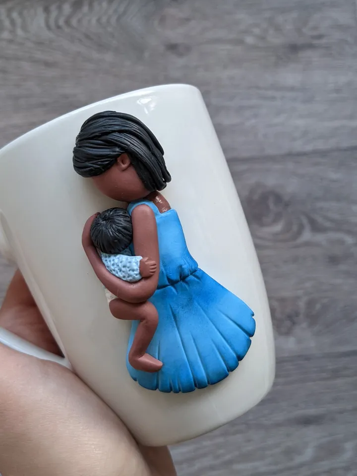 Pregnancy gift cute coffee mug with polymer clay mother daughter
