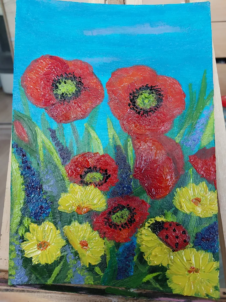 Oil Painting Meadow Flowers Poppies Herbs Flowers Nature Plants Wall Decor Miniature Gift for Her Cardboard 8x6 inches 20x15 cm