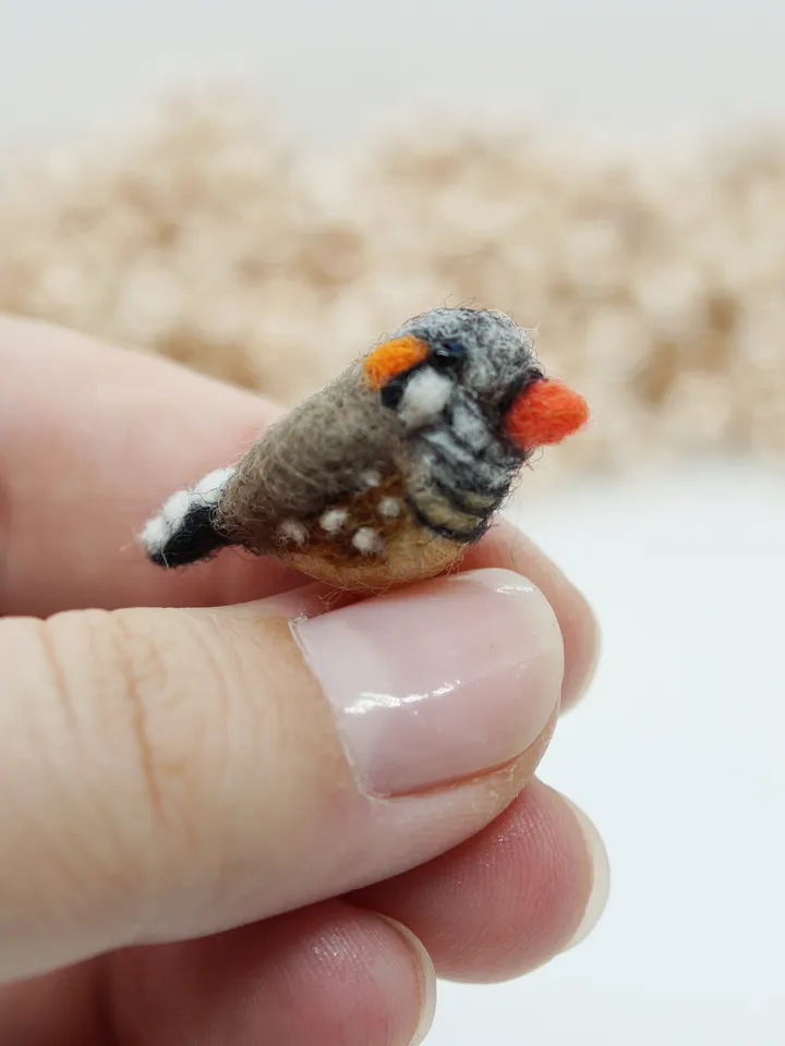 Miniature needle felted zebra finch, tiny bird, made to order