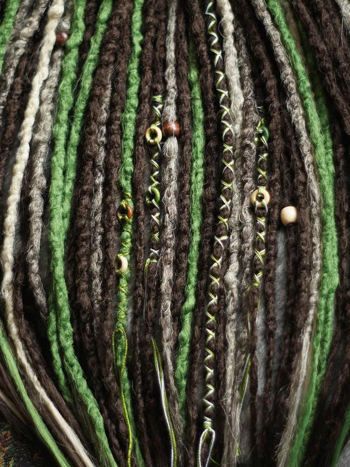 Boho Viking Dreadlock Extensions Handmade Brown Green White Faux Dreads Single or Double Ended with Beaded Wraps Boho Chic Hair Accessories