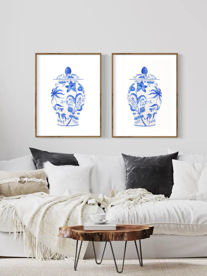 Blue Chinoiserie Vase Set Of 2 Wall Art, Ginger Jar Wall Art, Blue And White, Chinoiserie Chic, Vintage Art Print, Vase Still Life