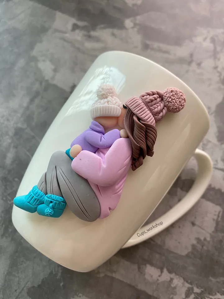 Christmas cute coffee mug with funny polymer clay decor - unique gift