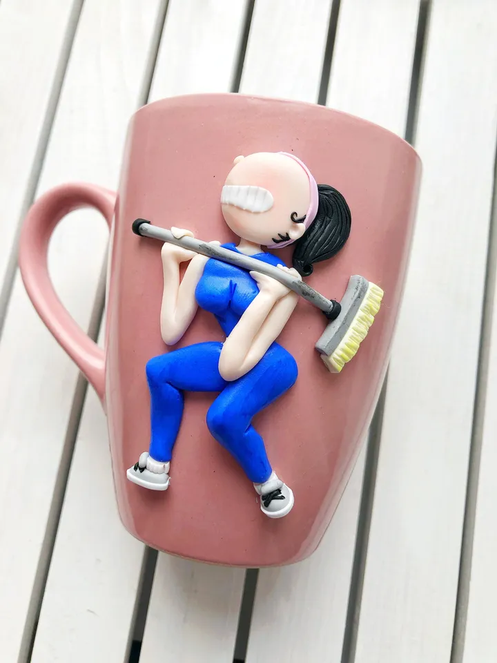 Custom sport gift body builder mug with polymer clay decor
