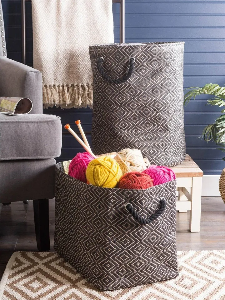 Paper Bin Diamond Basketweave Stone/Black Rectangle Medium 15X10X12