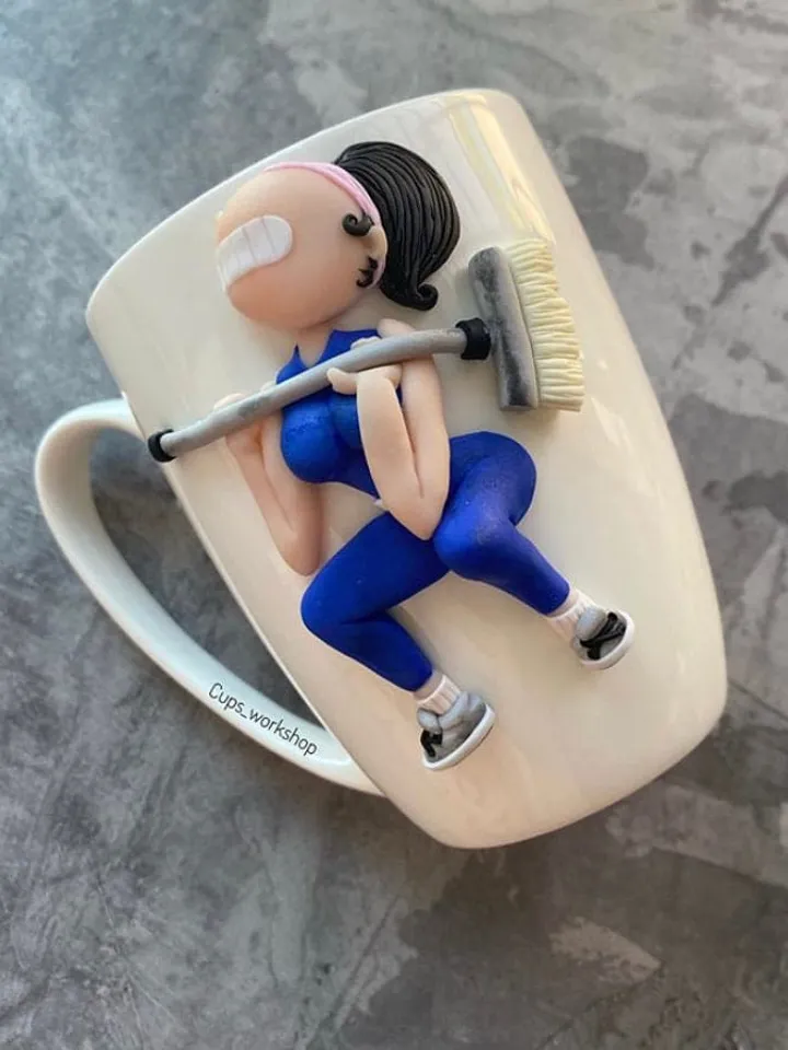 Custom sport gift body builder mug with polymer clay decor