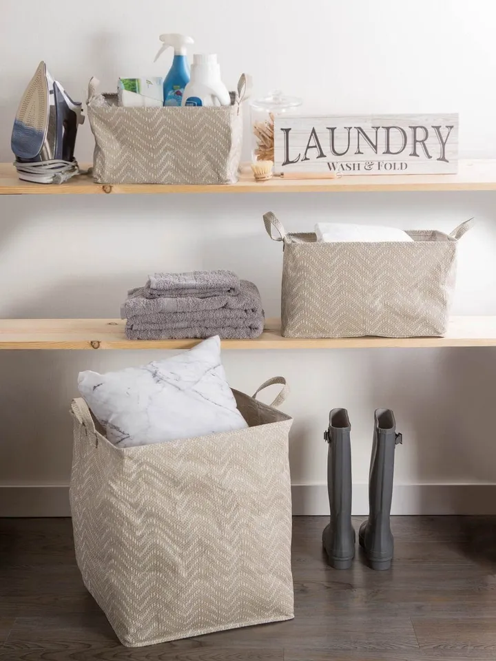 PE Coated Woven Paper Laundry Bin Tribal Chevron Stone/Cream Rectangle Large 16X12.5X9.5 Set/2