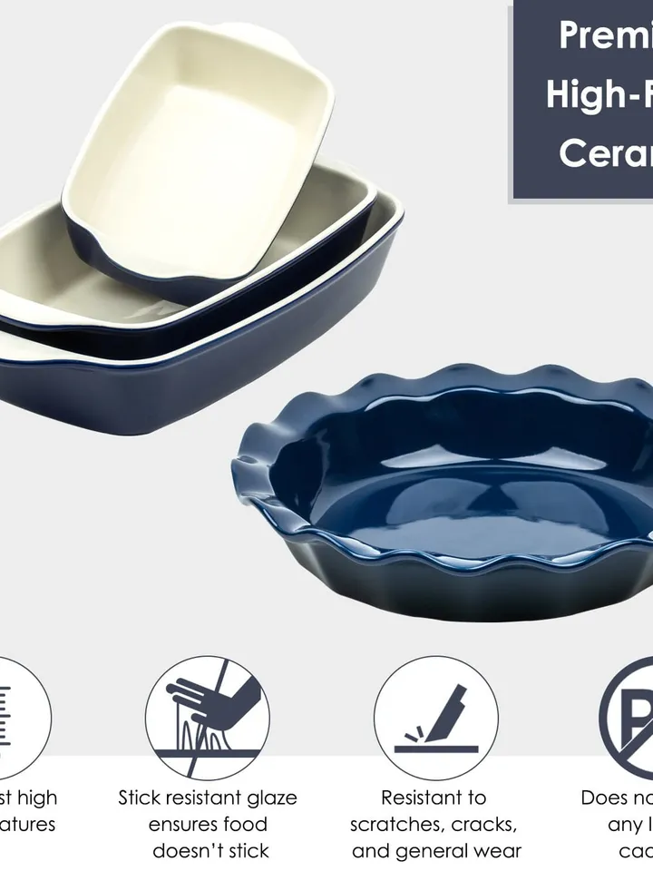 B-FODGE 4-Piece Ceramic Bakeware and Pie Dish Set - Non Stick Rectangular Casserole Dishes. Simple, Classy 9 Inch Pie Dish For Baking