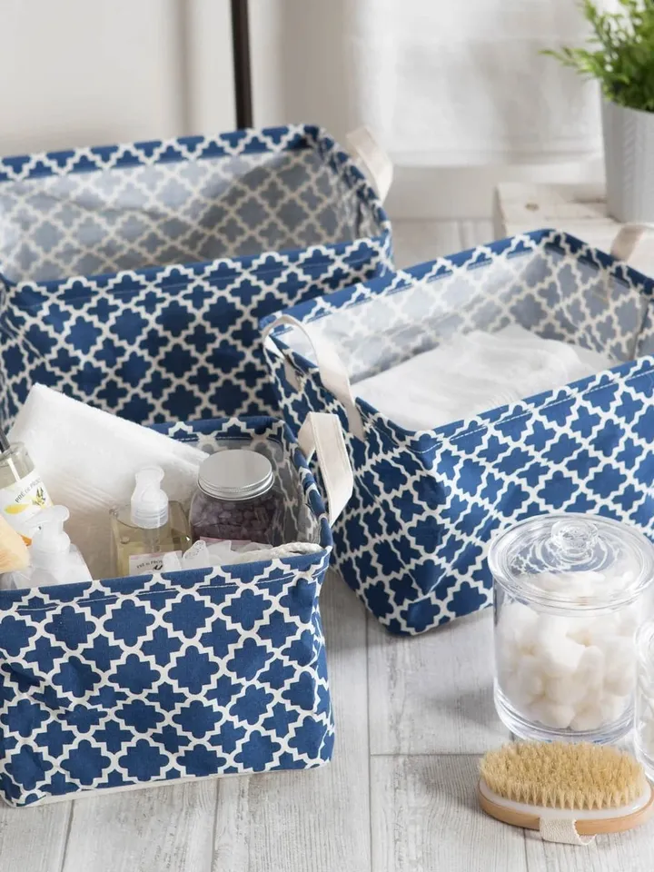 PE Coated Cotton/Poly Laundry Bin Lattice Nautical Blue Rectangle Asst Small Set/3