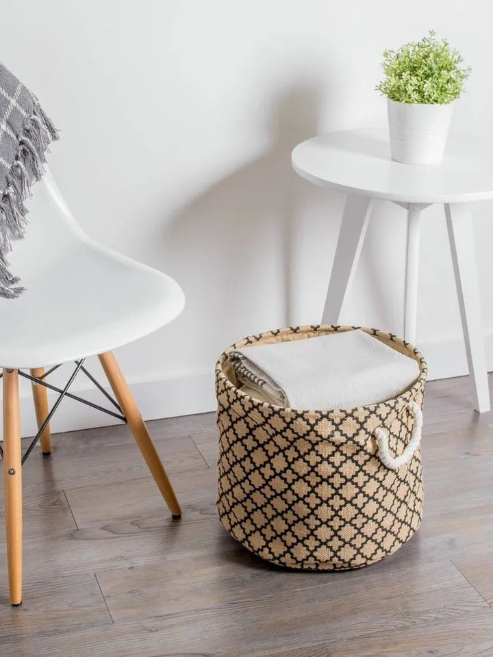 Burlap Bin Lattice Black Round Large 15X16X16