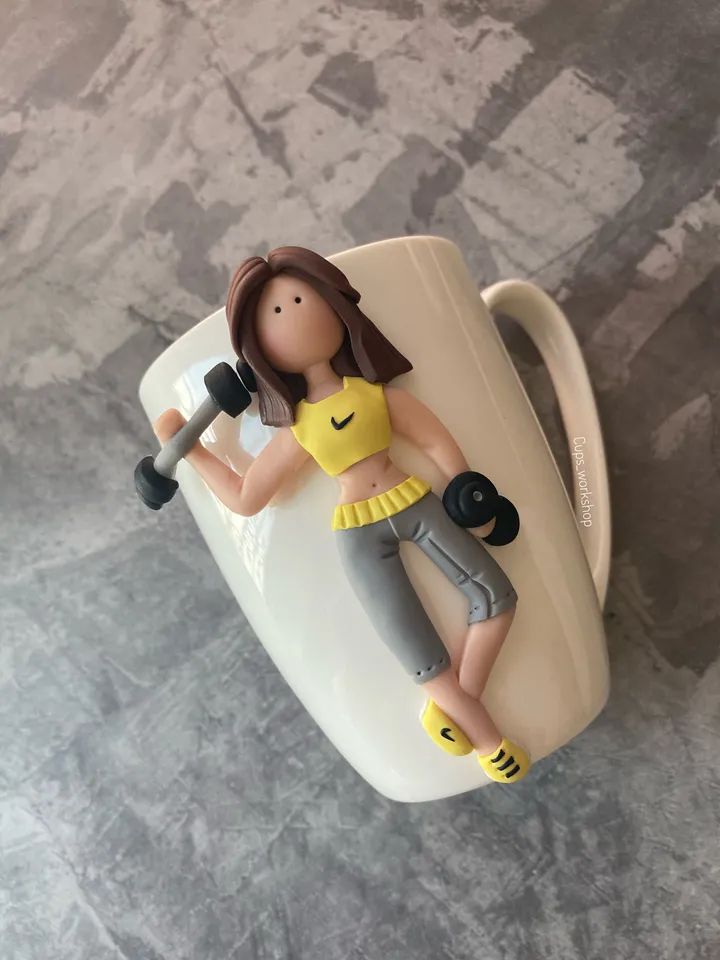Custom sport gift body builder mug with polymer clay decor
