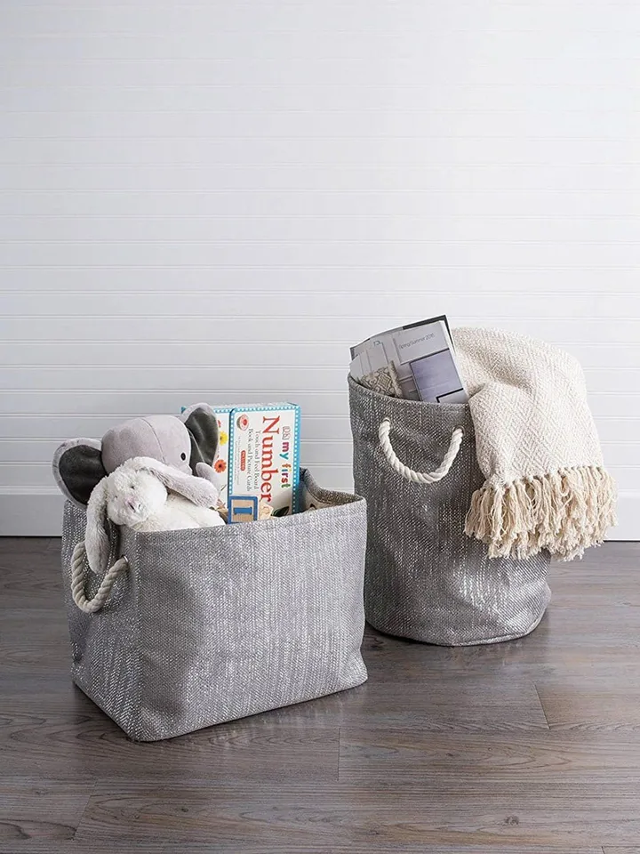 Paper Bin Lurex Gray/Silver Round Small 13.75X13.75X12