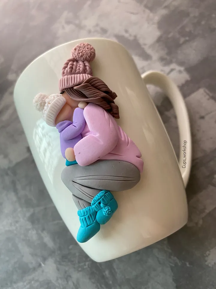 Christmas cute coffee mug with funny polymer clay decor - unique gift