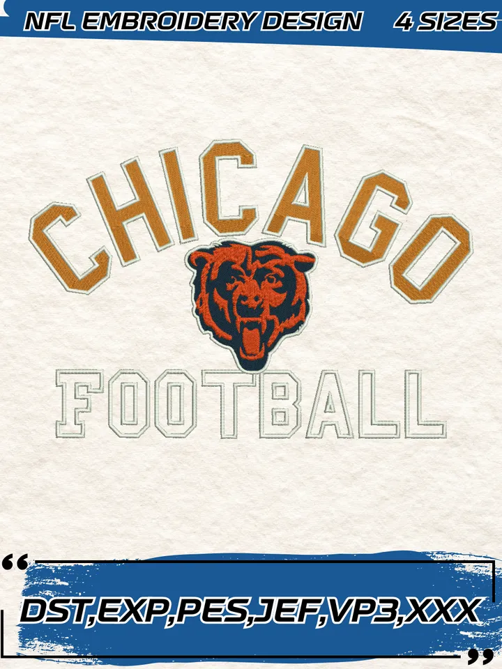 Chicago Bears Embroidery Designs, Football Team NFL Machine Embroidery Digitized Pes Files, 4 Sizes, Digital Download