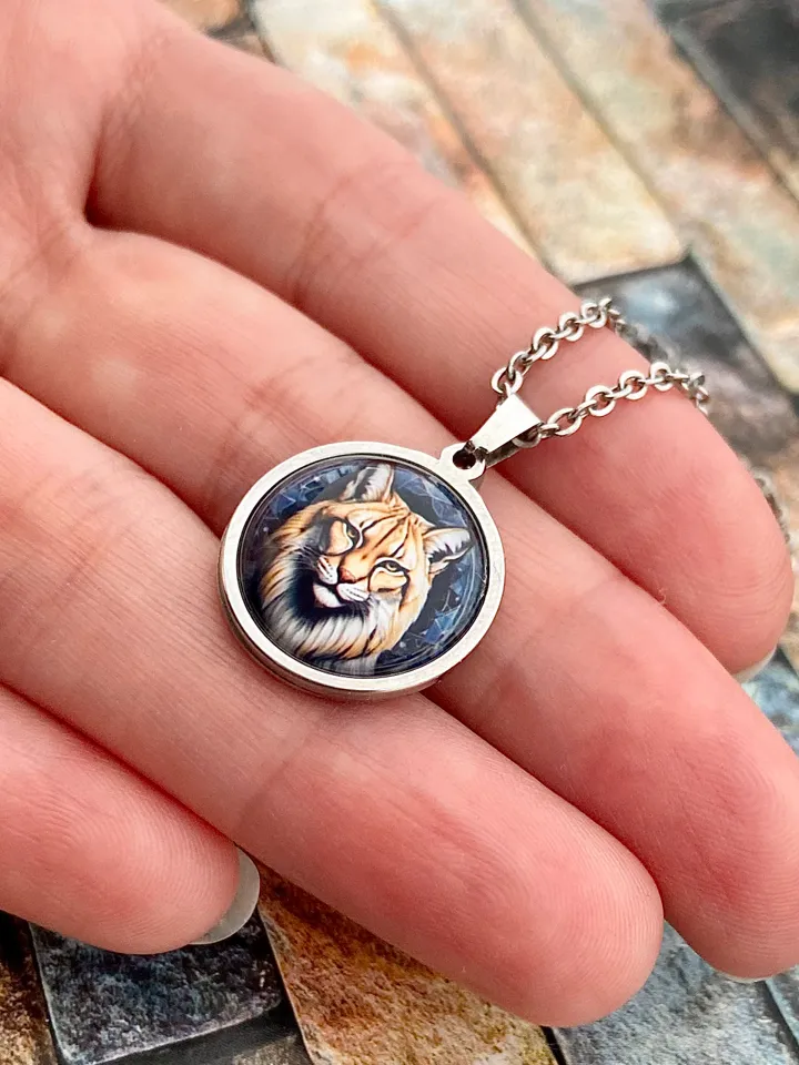 Bobcat head necklace, steel pendant with glass, Lynx lover gift, Wild cat charm
