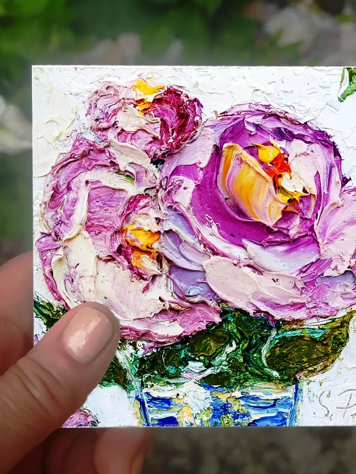 Peonies Painting Cornflower Original Art Impasto Oil Painting 4x4 Impasto Peonies Wall Art Floral Meadow Painting Field