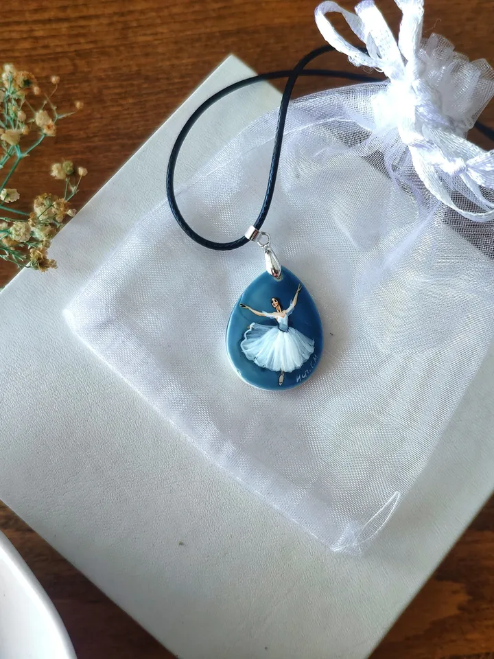 Pearl pendant necklace: Thumbelina tiniest ballerina dancer • Painted lacquer art shell • Original extra small painting on dainty pendant