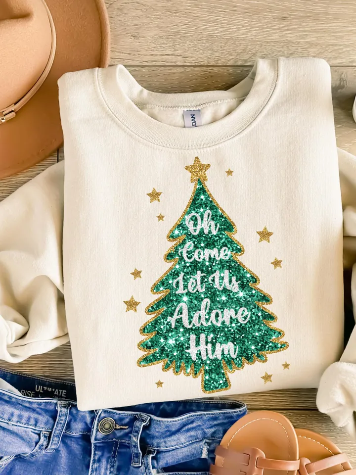 Oh Come Let Us Adore Him, Christmas PNG, Faux Glitter Christmas Tree, Hand Drawn, Hand Lettered, Faux Glitter Sequins, Sublimation Download