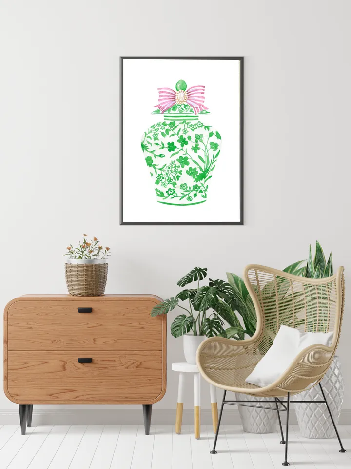 Green Chinoiserie Ginger Jar Vase, Porcelain Wall Art Print, Green Ginger Jar, China Vase Print, Pink And Green Decor Print